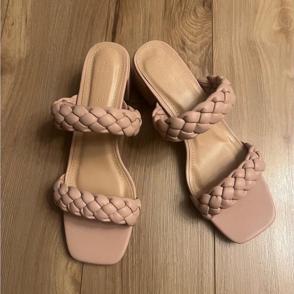 Tan Braided Strap Sandals with Square-Toe Design